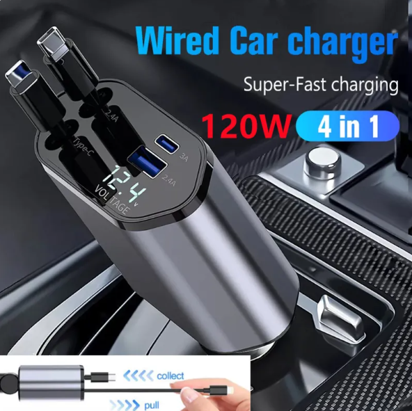 RoadReady 120W retractable car charger with USB and USB-C cables