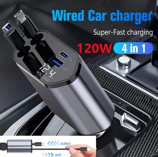 RoadReady 120W retractable car charger with USB and USB-C cables